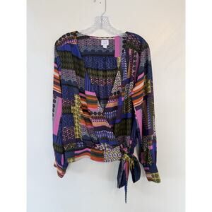 Peyton Jensen Multicolor Geometric V-Neck Tie Long Sleeve Blouse Size L